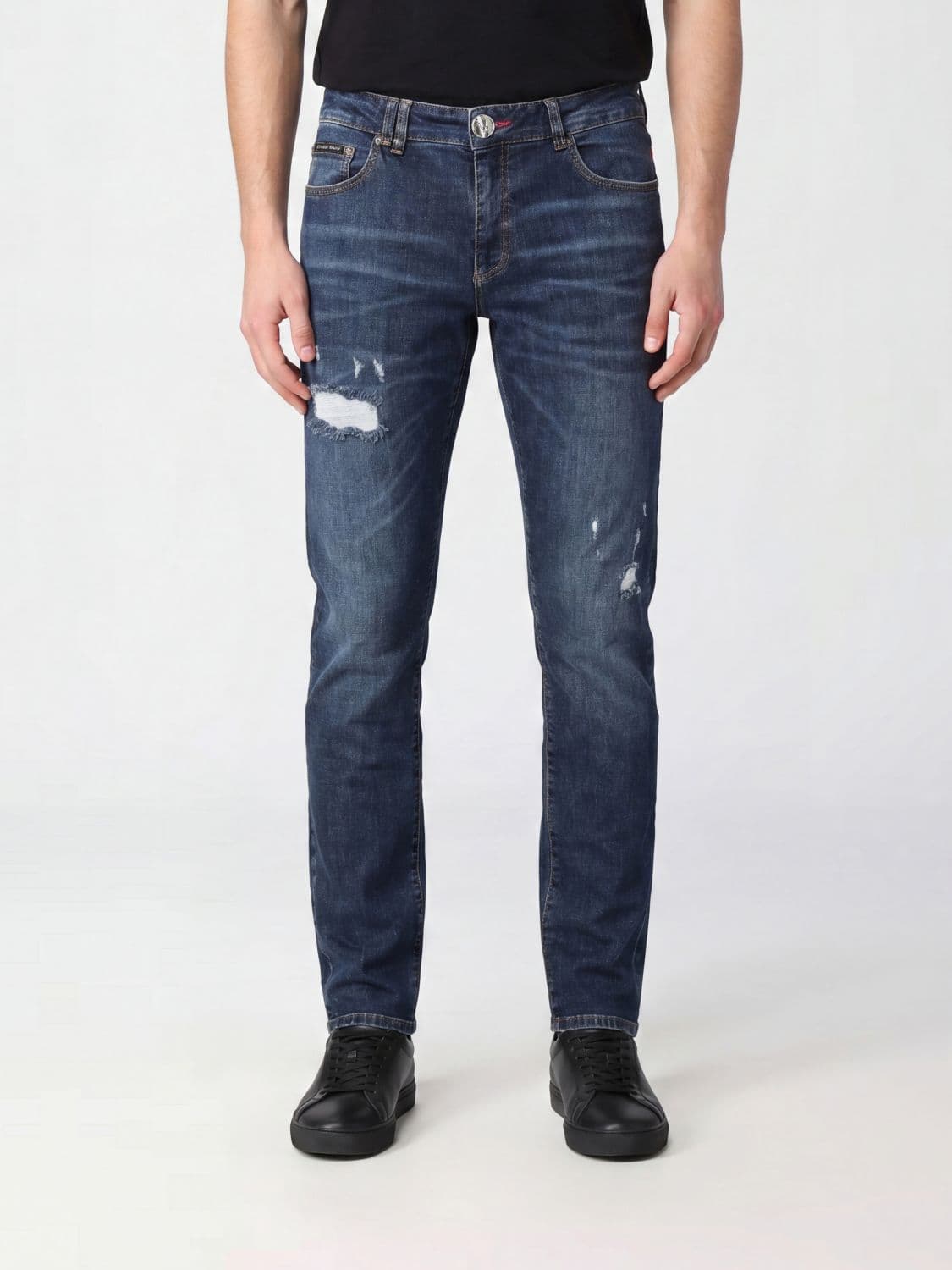 Philipp Plein Distressed Slim Fit Skinny Jeans in Cotton Denim with Metal Logo