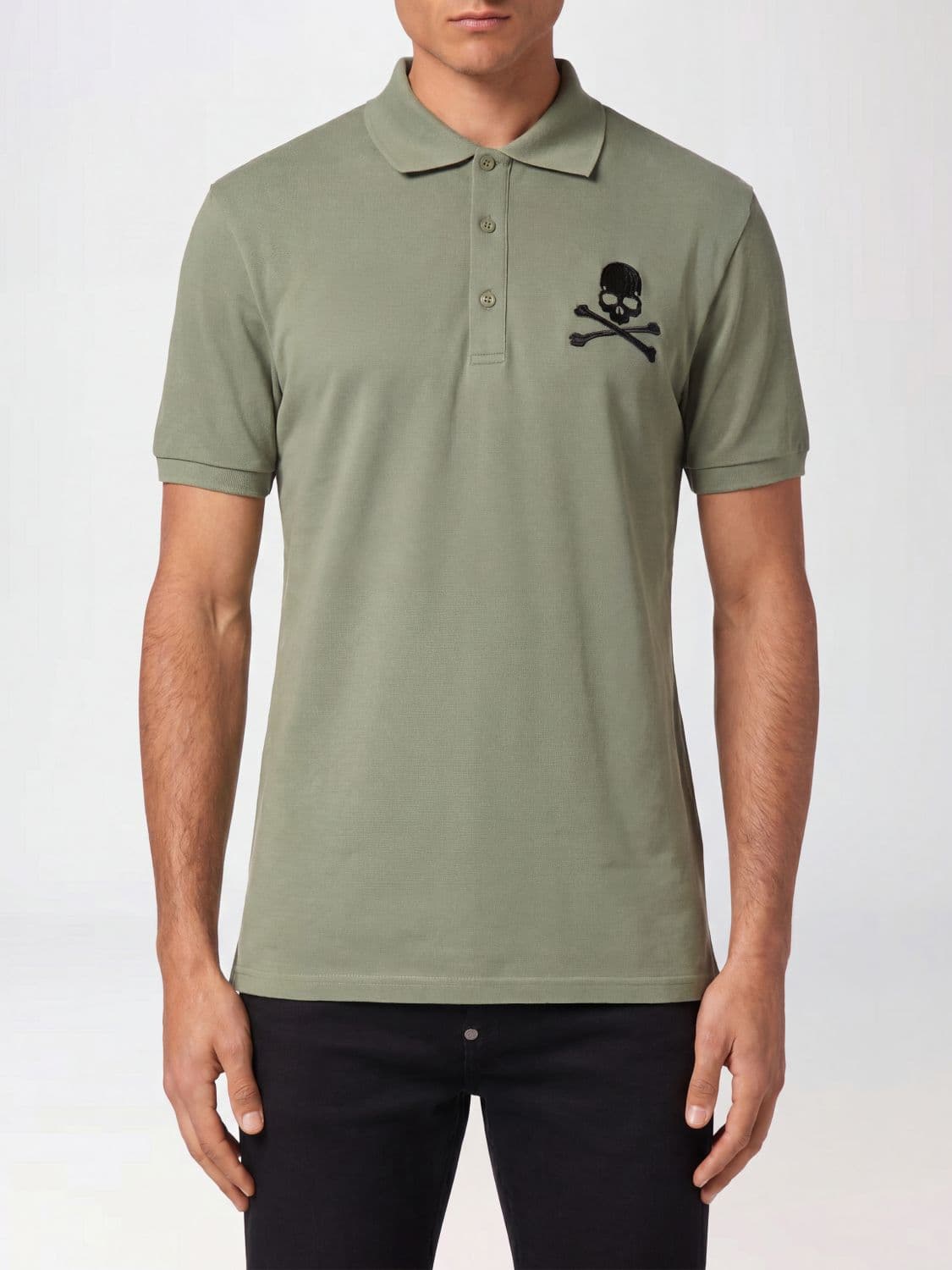 Philipp Plein Skull Print Short-Sleeved Cotton Polo Shirt with French Collar