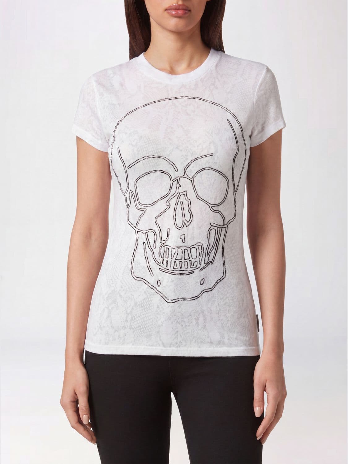 Philipp Plein Slim Fit Cotton T-Shirt with Skull Print and Rhinestones