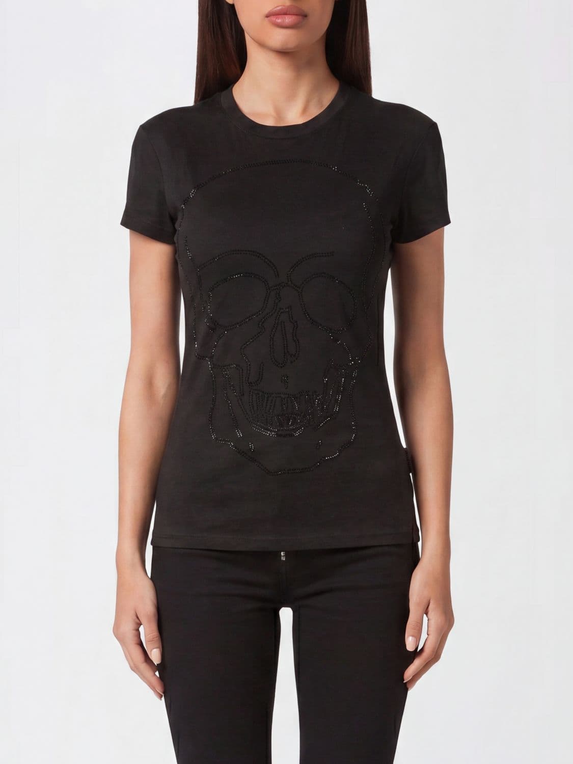 Philipp Plein Slim Fit Cotton T-Shirt with Skull Print and Rhinestones