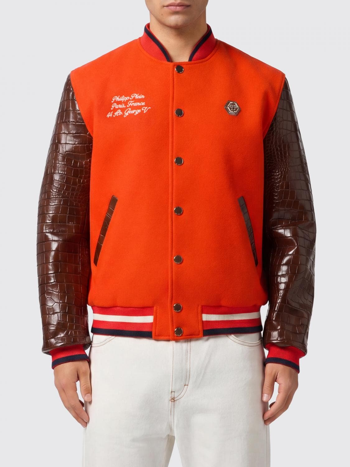 Philipp Plein Two-Tone Crocodile-Effect Calfskin Leather Varsity Bomber Jacket