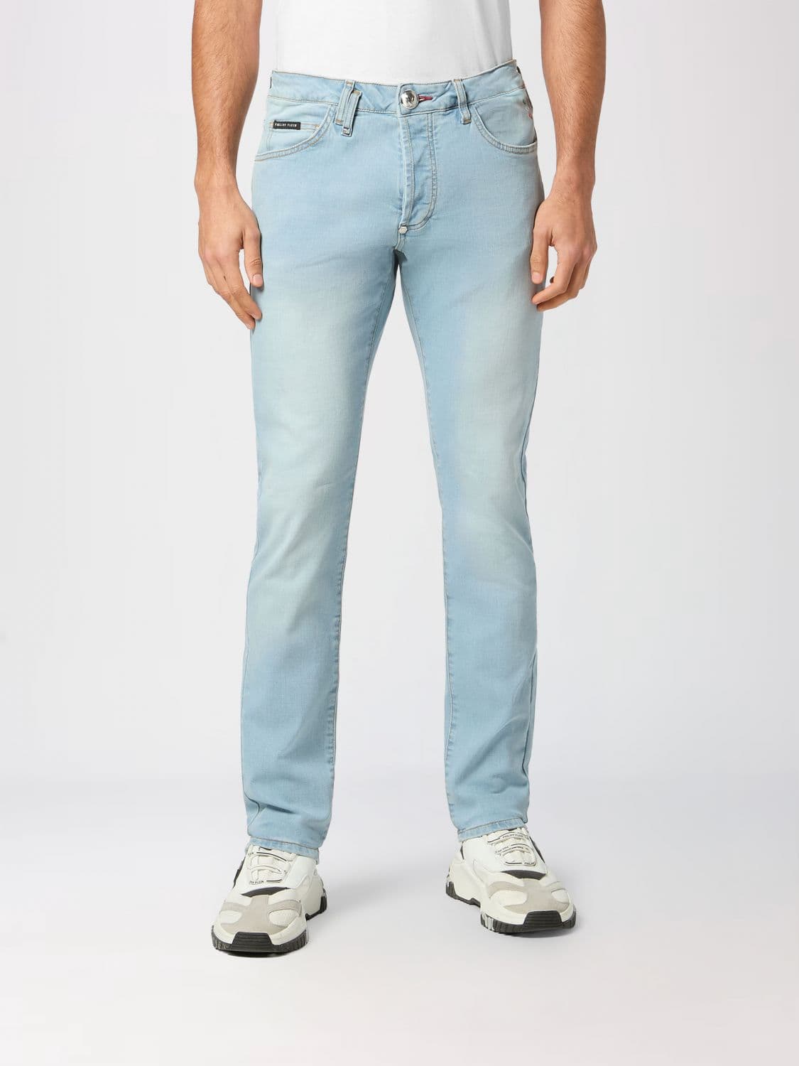 Philipp Plein Slim Fit Skinny Jeans in Cotton Denim with Metal Logo