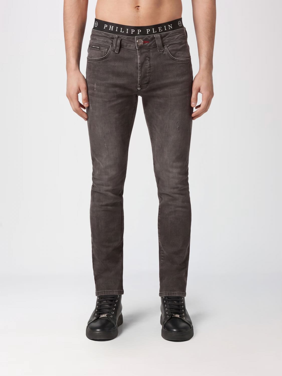 Philipp Plein Slim Fit Skinny Jeans in Cotton Denim with Metal Logo