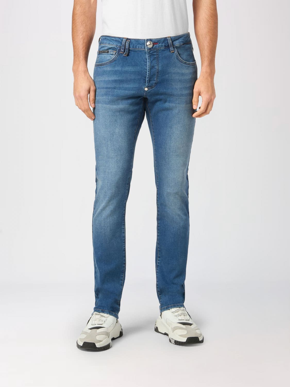 Philipp Plein Slim Fit Skinny Jeans in Cotton Denim with Metal Logo
