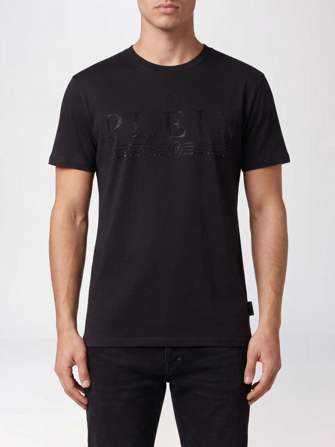 Philipp Plein Cotton Crew Neck T-shirt with Rhinestone Logo Lettering