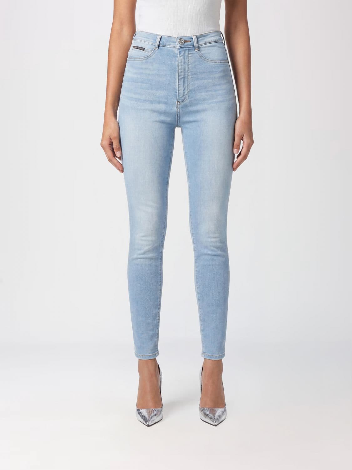 Philipp Plein High-Waisted Skinny Cropped Jeans in Stretch Denim with Logo