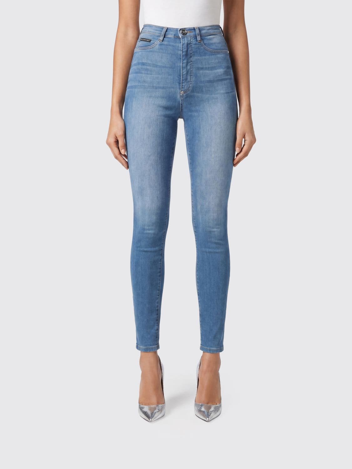 Philipp Plein High-Waisted Skinny Cropped Jeans in Stretch Denim with Logo