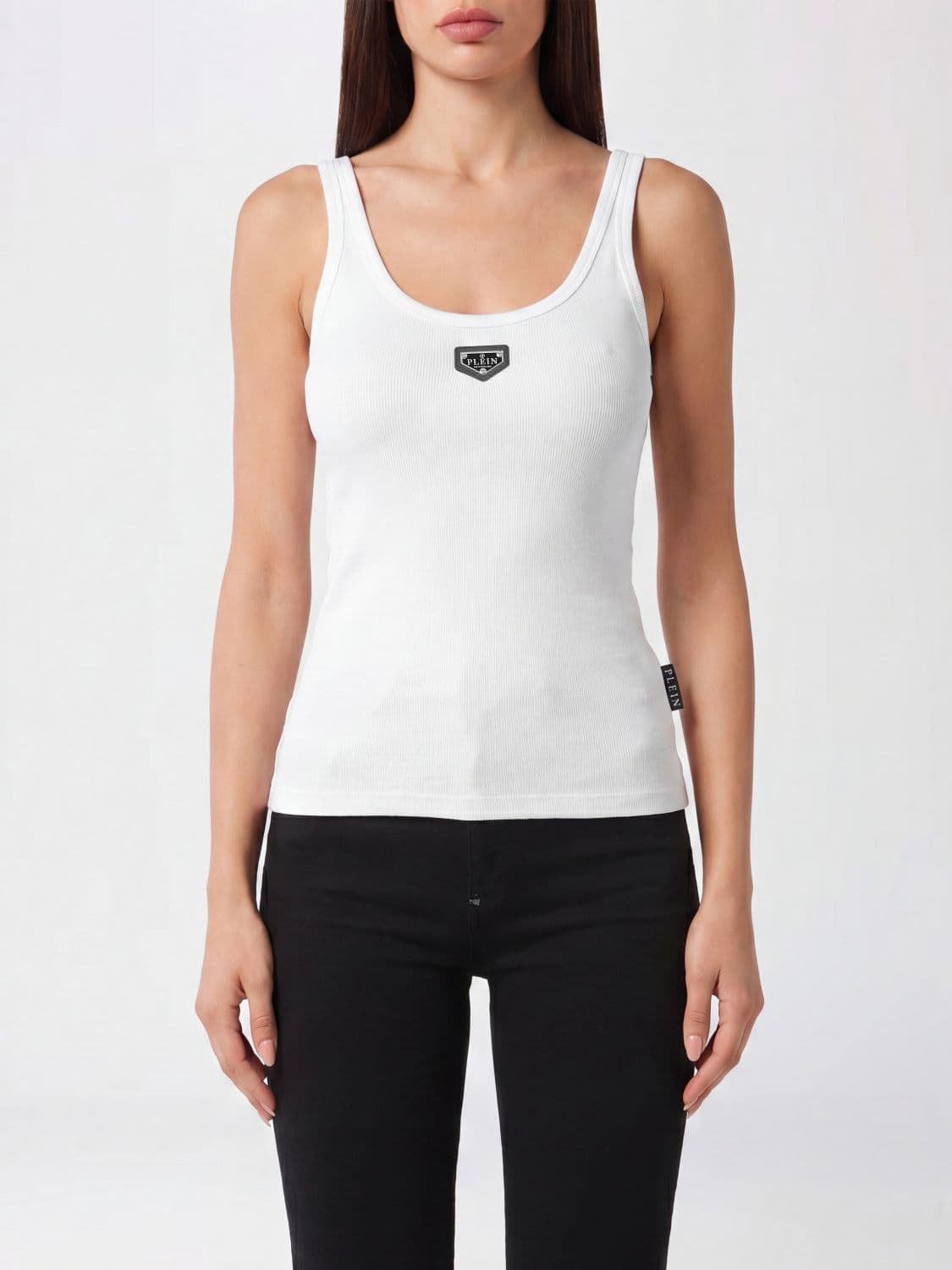 Philipp Plein Sleeveless Slim Fit Ribbed Top in Cotton Blend with Logo