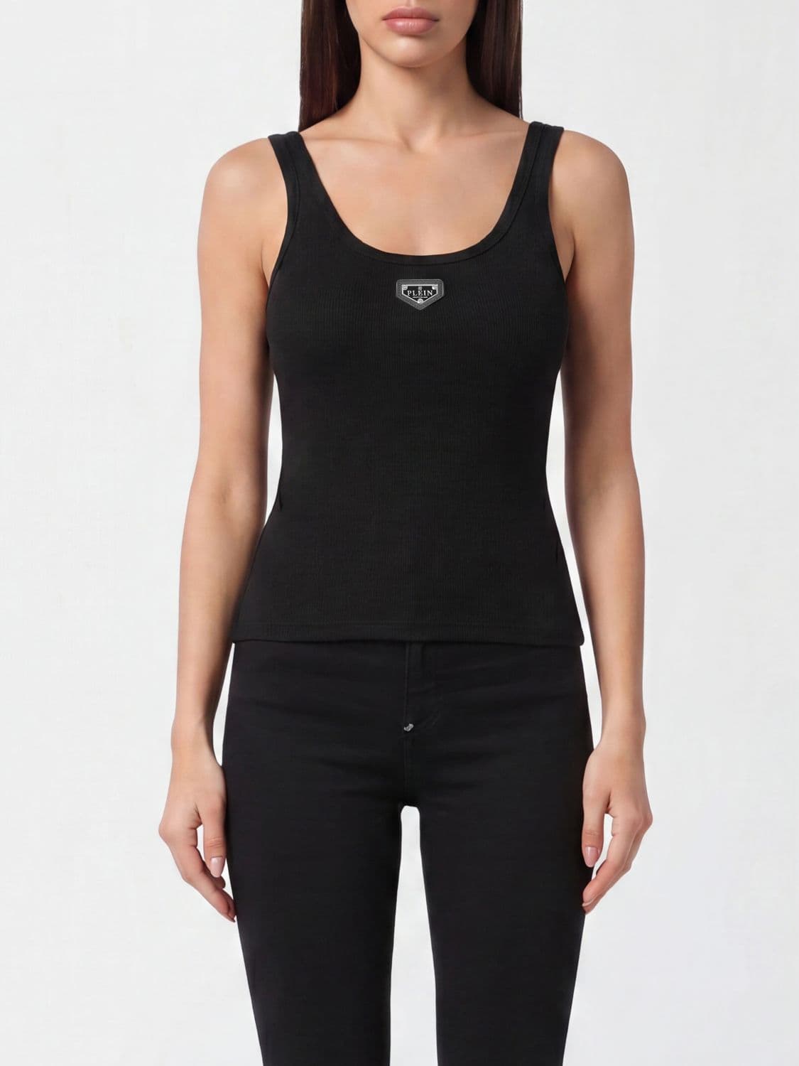 Philipp Plein Sleeveless Slim Fit Ribbed Top in Cotton Blend with Logo