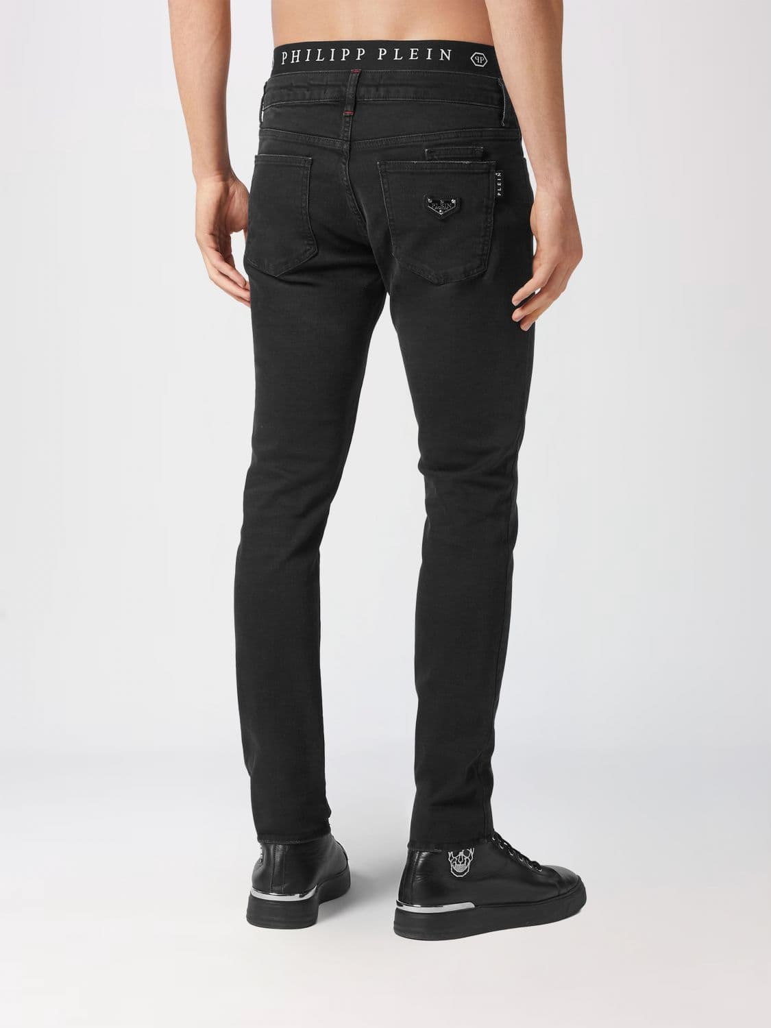Philipp Plein Slim Fit Skinny Jeans in Cotton Denim with Metal Logo Plaque