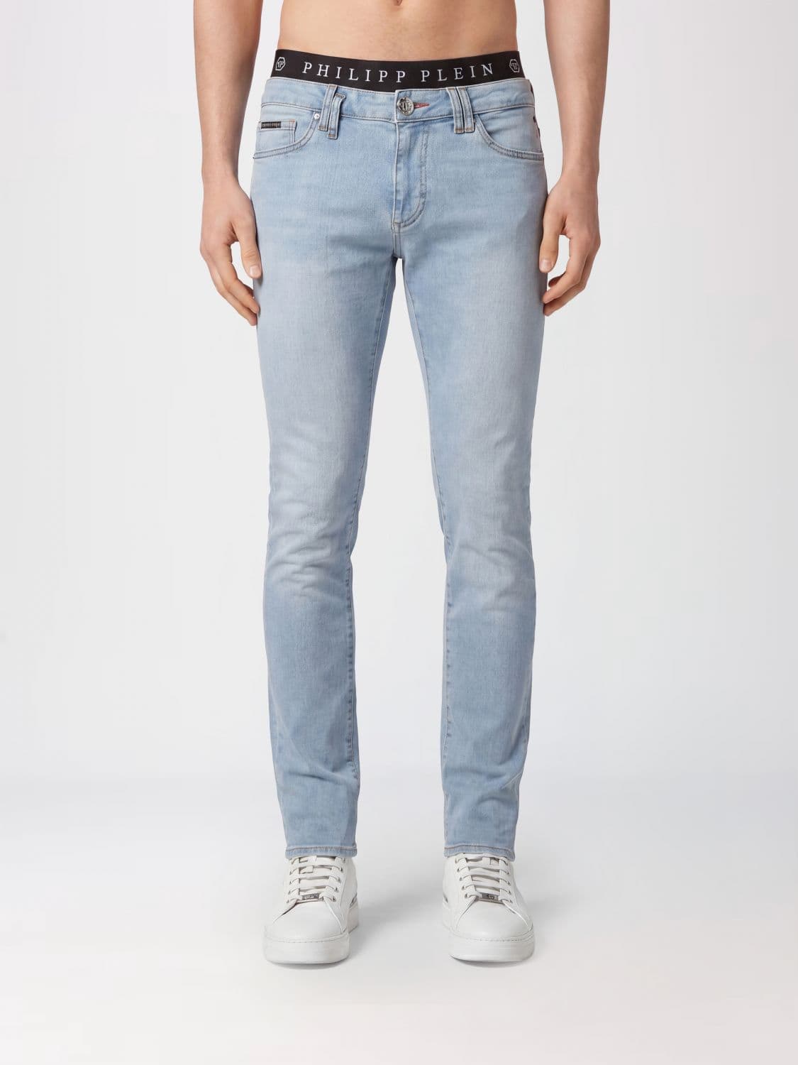 Philipp Plein Slim Fit Skinny Jeans in Cotton Denim with Metal Logo Plaque