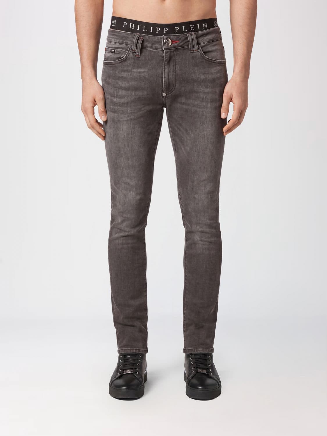 Philipp Plein Slim Fit Skinny Jeans in Cotton Denim with Metal Logo Plaque