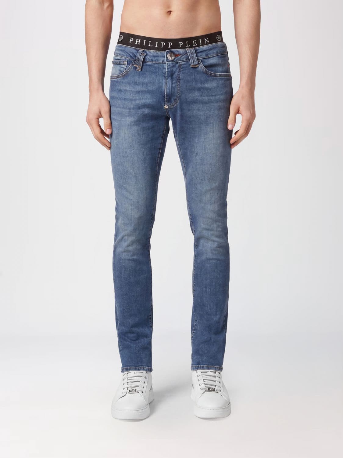 Philipp Plein Slim Fit Skinny Jeans in Cotton Denim with Metal Logo Plaque