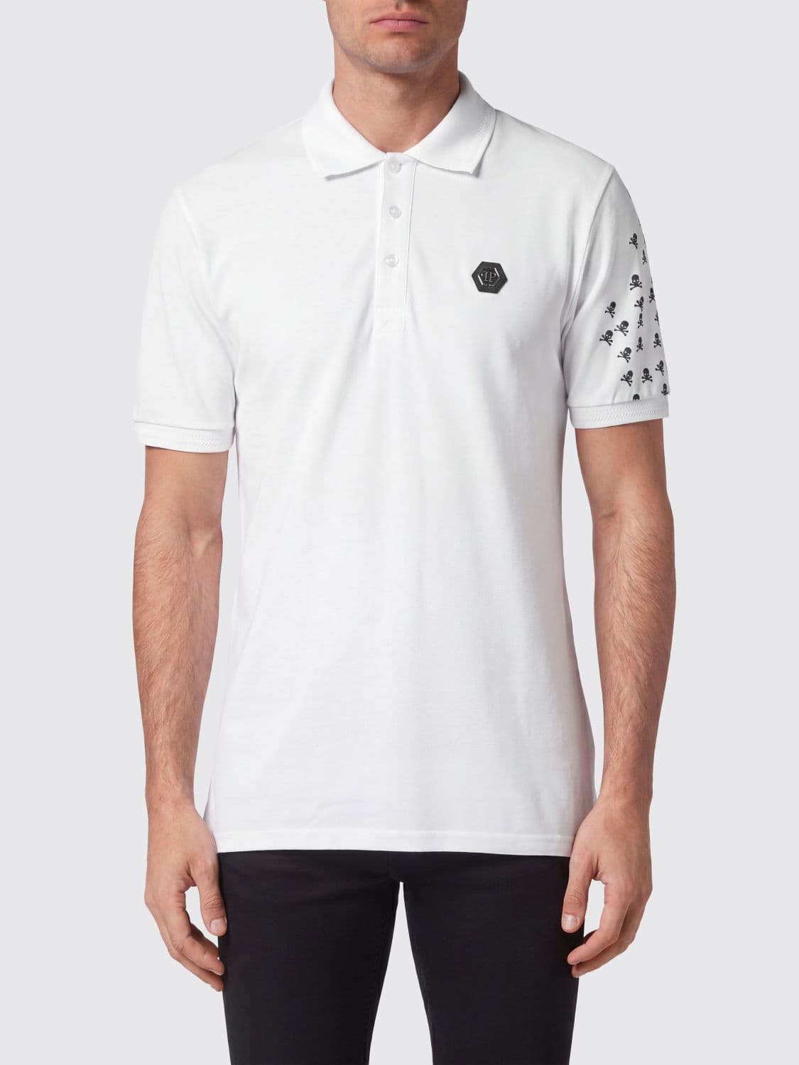 Philipp Plein Cotton Polo Shirt with Skull Monogram Print and Hexagon Logo