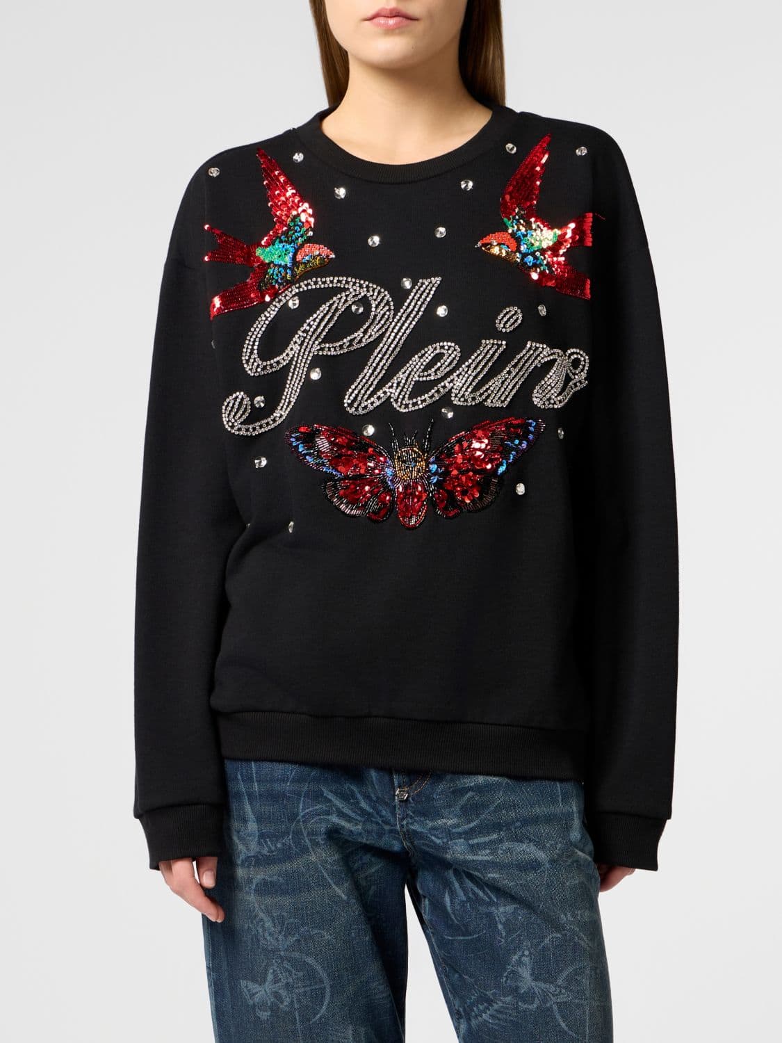 Philipp Plein Crewneck Cotton Sweatshirt with Logo and Jewelled Embellishments
