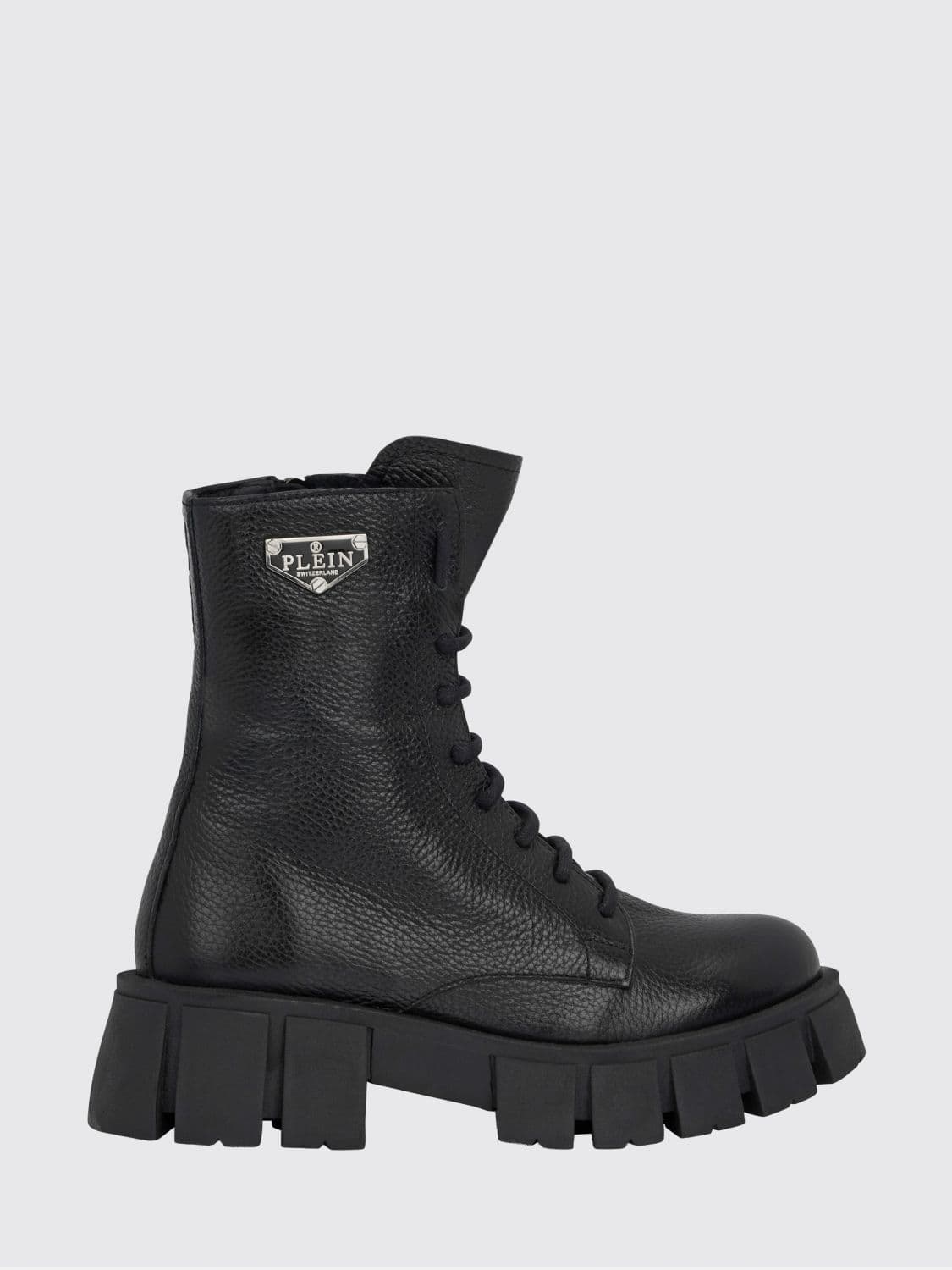 Philipp Plein Lace-Up Combat Boots in Grained Leather with Lug Sole and Heel