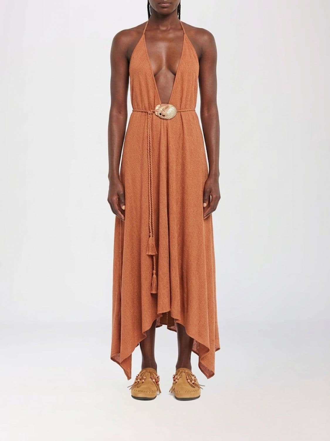 Alanui Mermaid Inside Linen Midi Dress with Halter Neck and Asymmetric Hem · OS