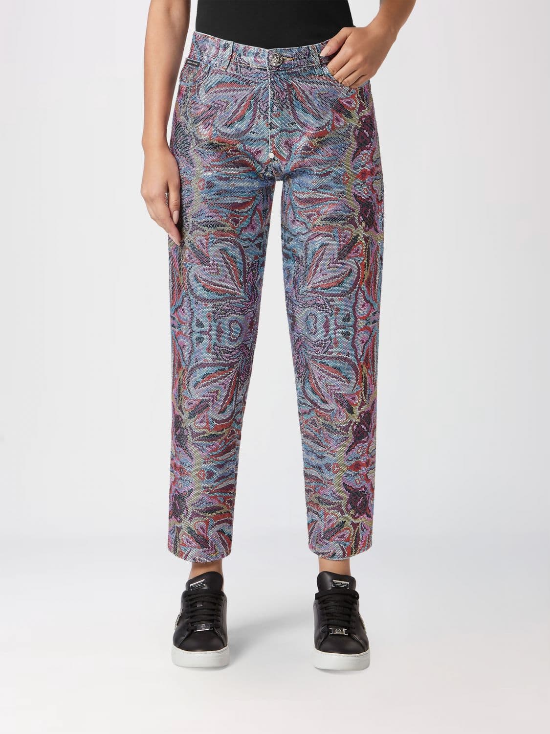 Philipp Plein High-Waisted Mom Fit Jeans with Abstract Print and Rhinestones
