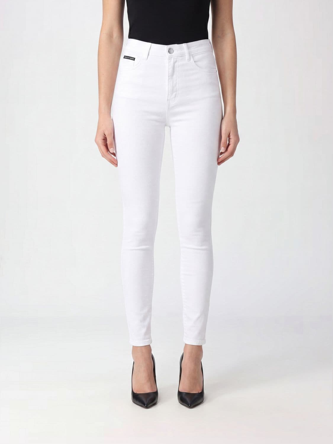Philipp Plein High-Waisted Skinny Cropped Jeans in Stretch Denim with Logo