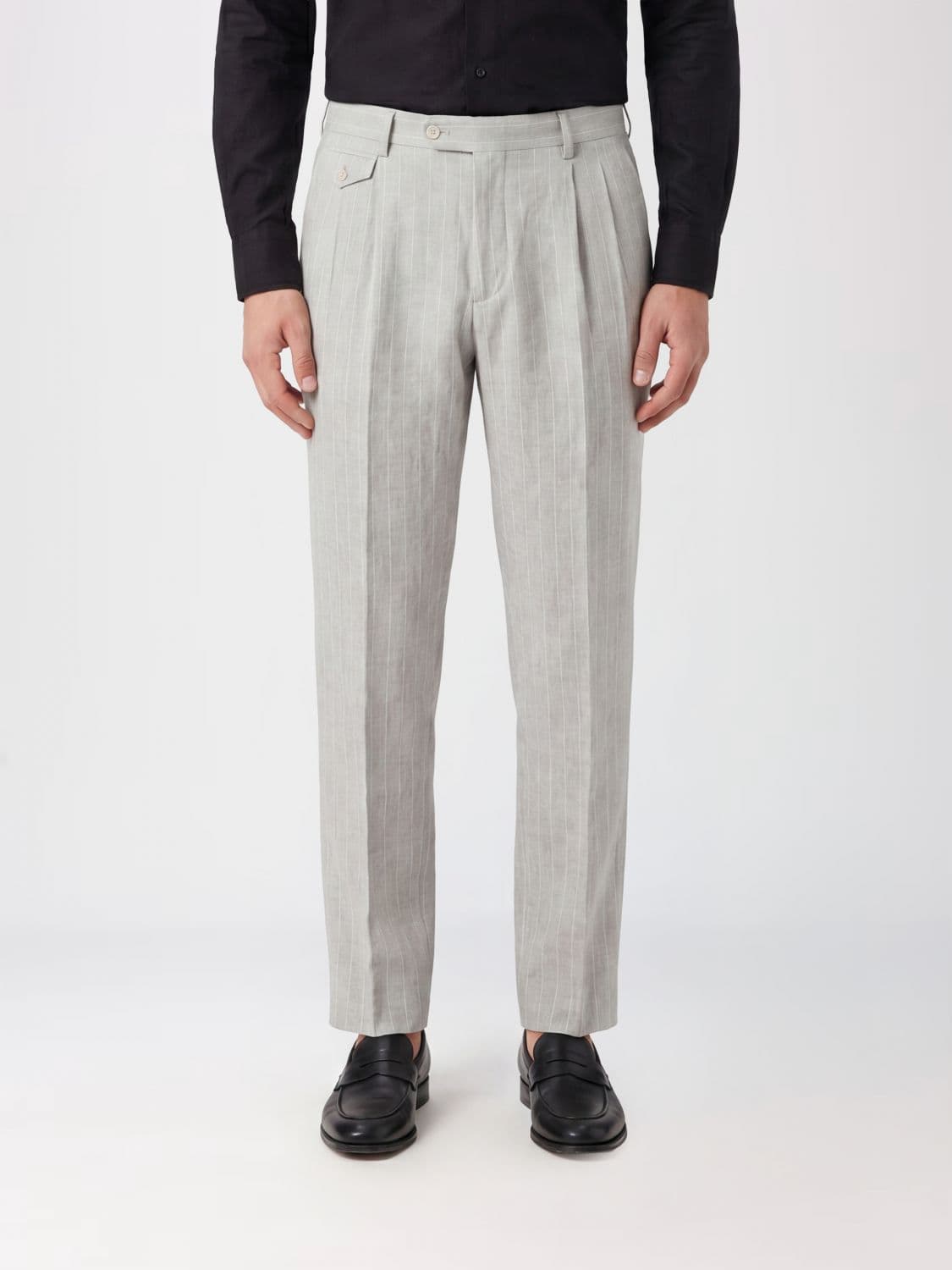 Dolce & Gabbana Tapered Pinstripe Tailored Linen Trousers with Pleats