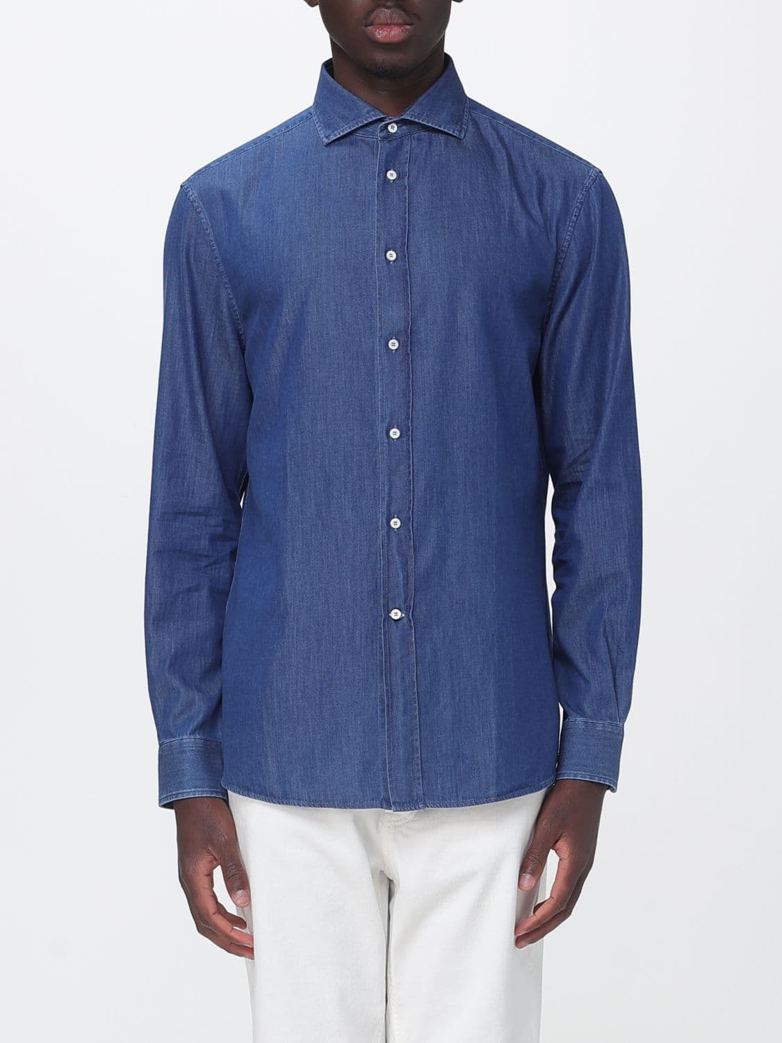 Brunello Cucinelli Slim Fit Cotton Denim Shirt with French Collar