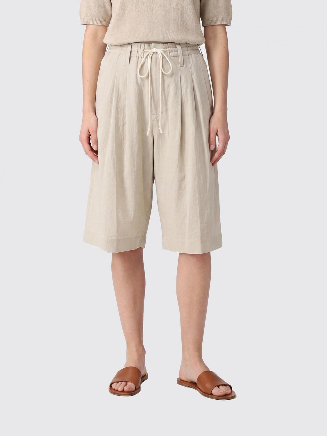 Y's Knee-Length Linen and Cotton-Blend Shorts with High-Waist and Adjustable Drawstring