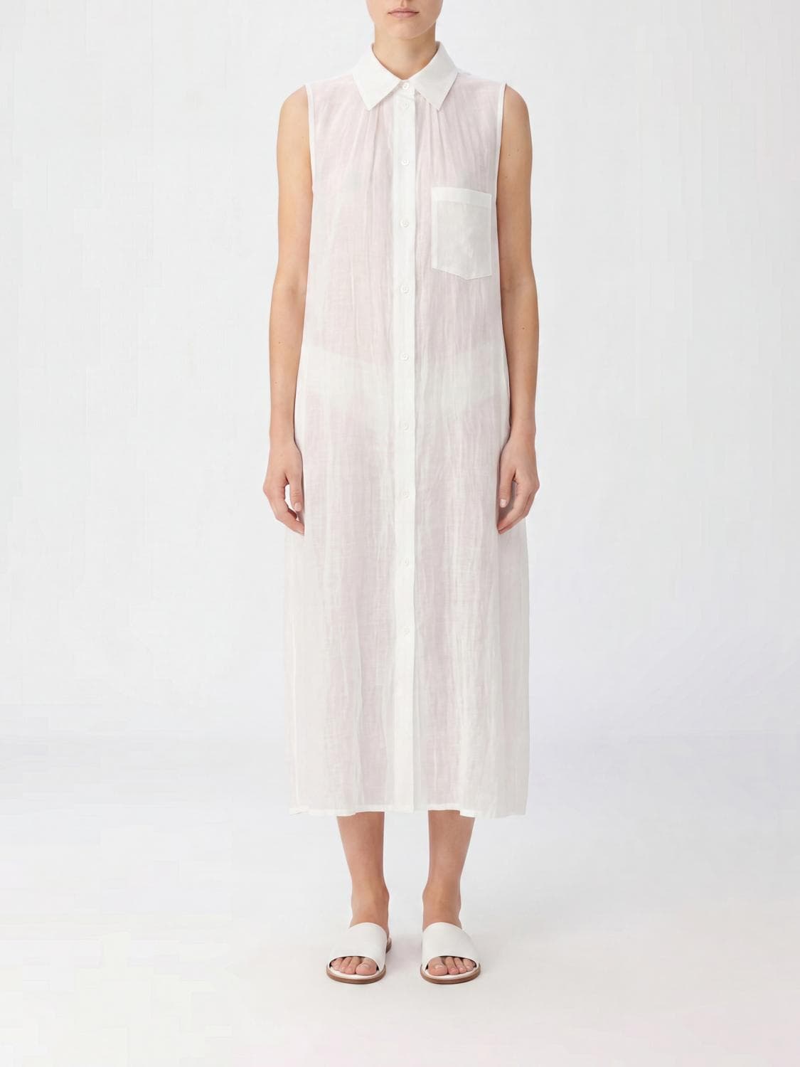 Y's Pure Linen Midi Shirt Dress with Off-Shoulder Design and French Collar