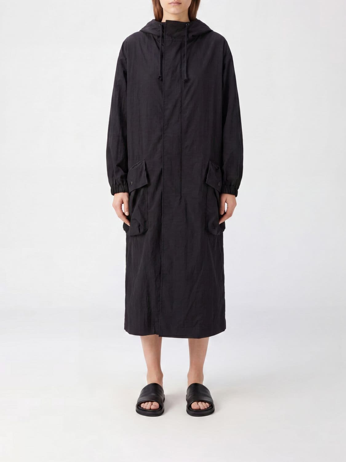 Y's Long Nylon Parka with Adjustable Hood, High Collar, and Patch Pockets
