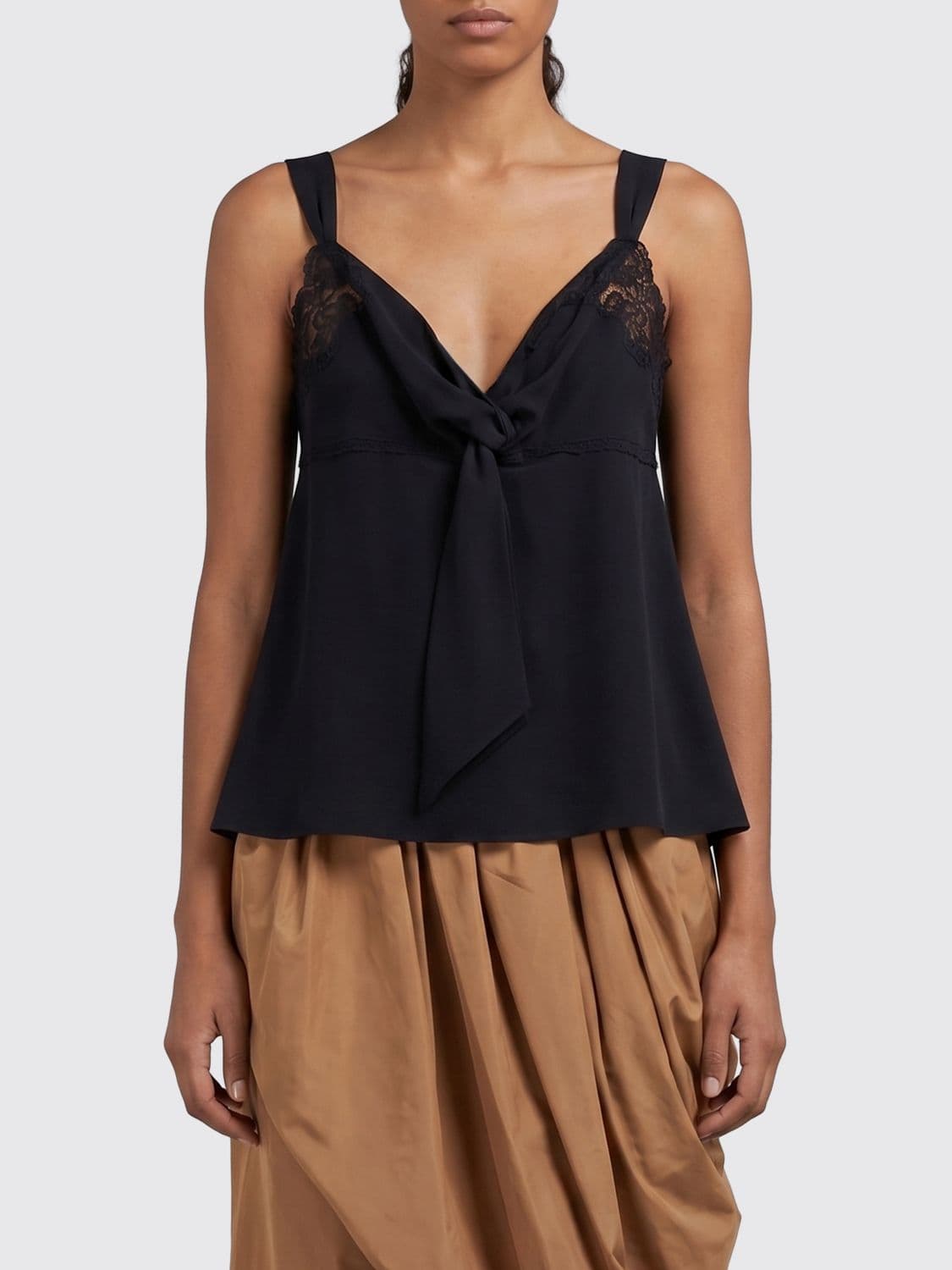 Chloé V-Neck Pure Silk Top with Embroidered Lace Inserts