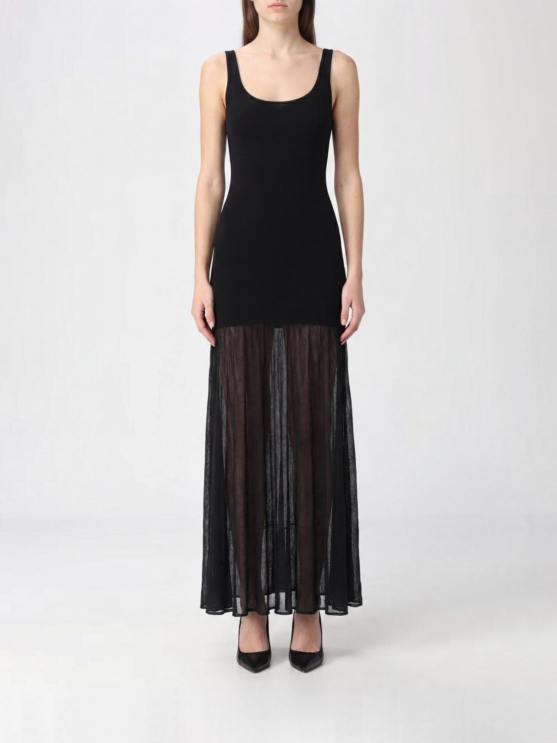 Toteme Long Knit Dress with Square Neckline and Off-the-Shoulder Design · S