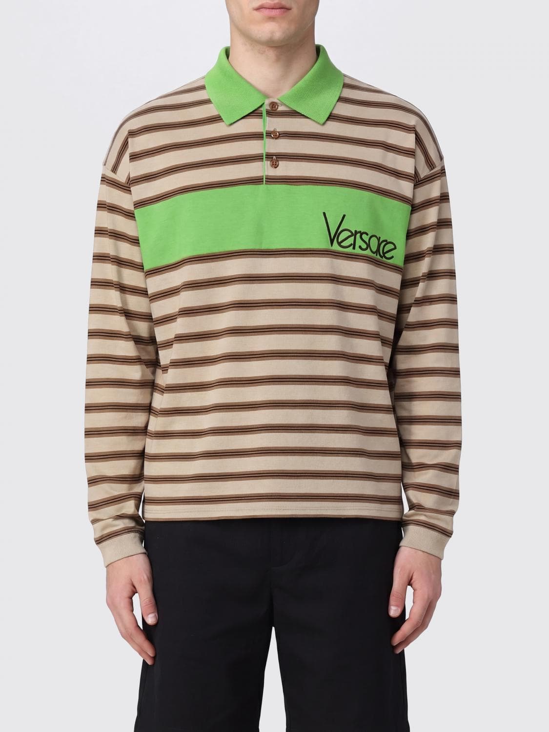 Versace Striped Long-Sleeve Polo in Cotton with Ribbed Collar