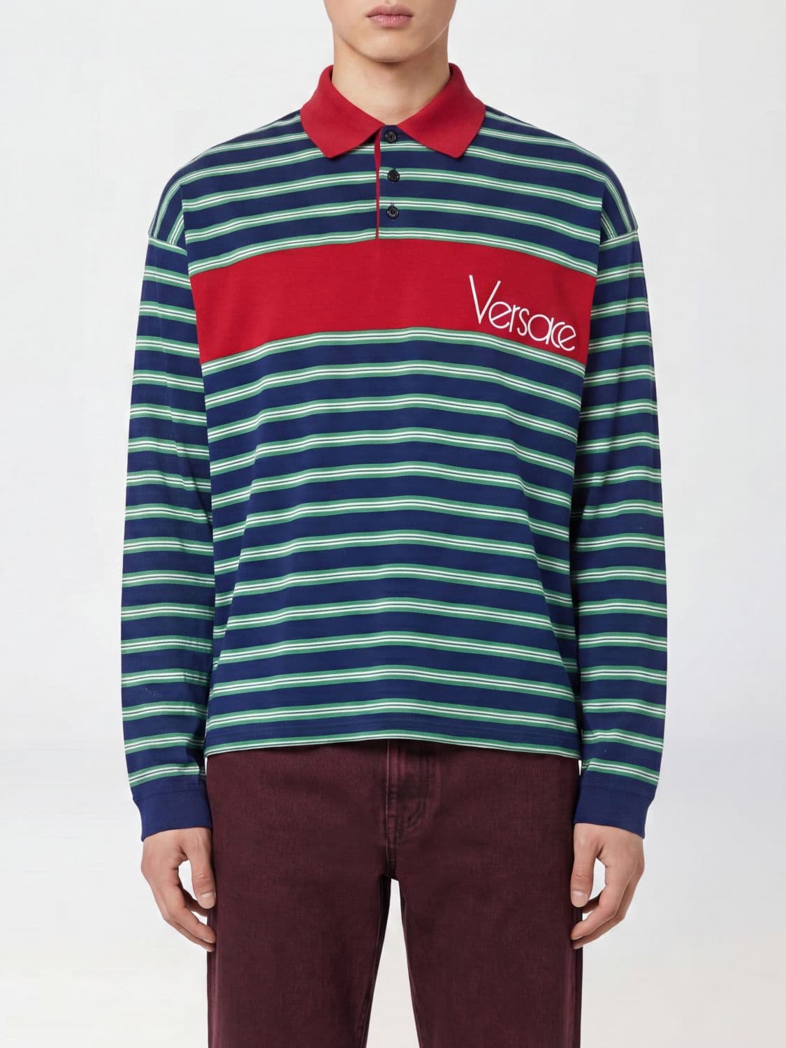 Versace Striped Long-Sleeve Polo in Cotton with Ribbed Collar