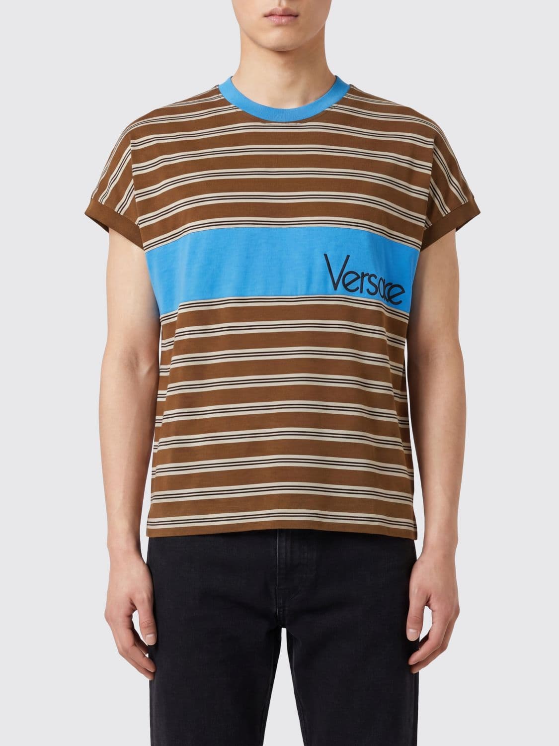 Versace Striped Cotton T-Shirt with Crew Neck and Contrast Trims