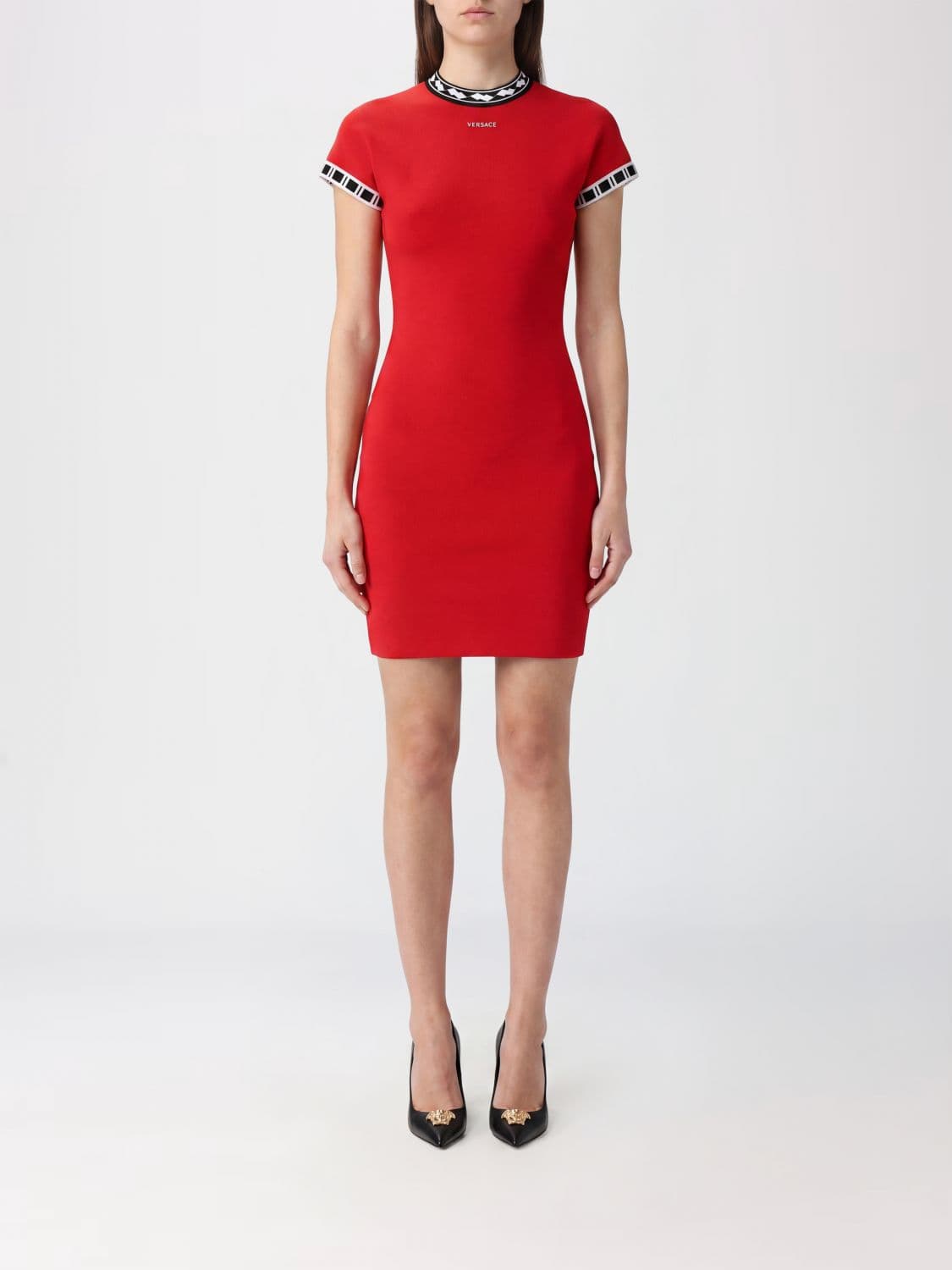 Versace Slim Fit Sheath Mini Dress in Cotton with Contrast Trims