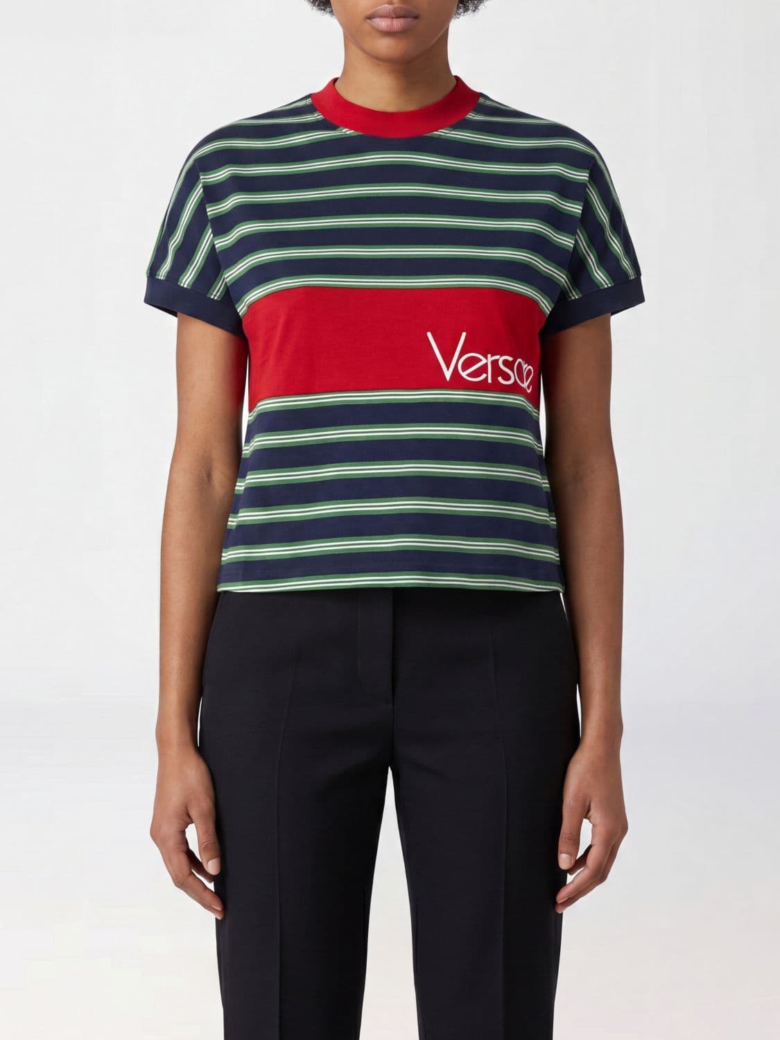 Versace Slim Fit Striped Cotton T-Shirt with a Crew Neckline