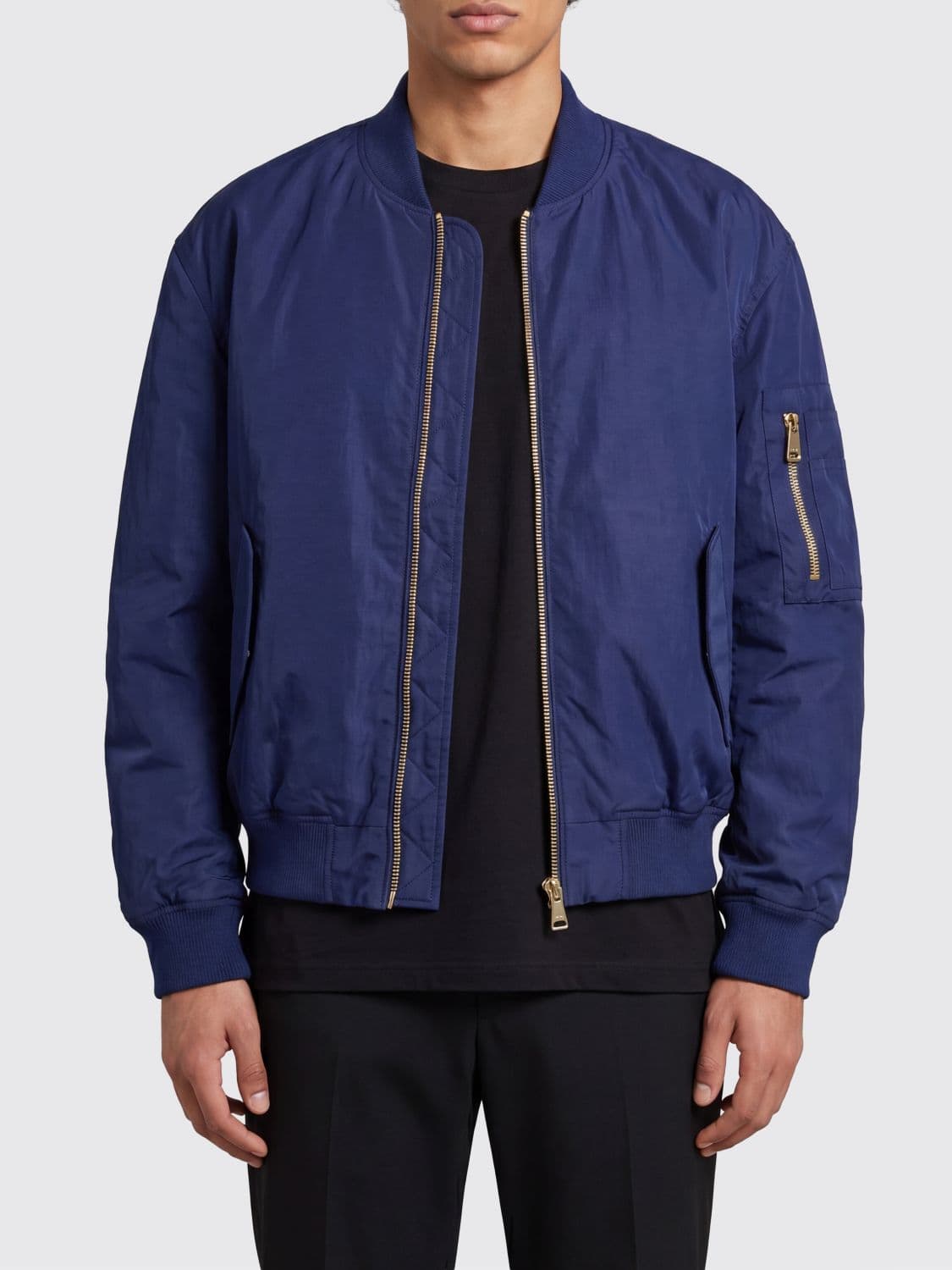 Balmain Blue Nylon Bomber Jacket with Zip Closure and Patch Pockets