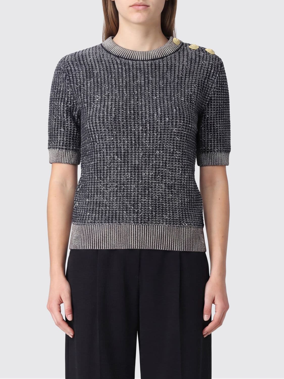 Balmain Short-Sleeved Crewneck Knit in Viscose Blend with Abstract Pattern