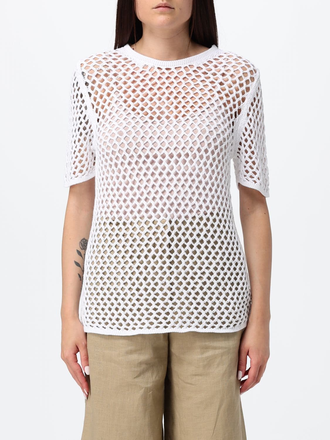 Liviana Conti Crewneck Top in Sheer Openwork Cotton with Short Sleeves