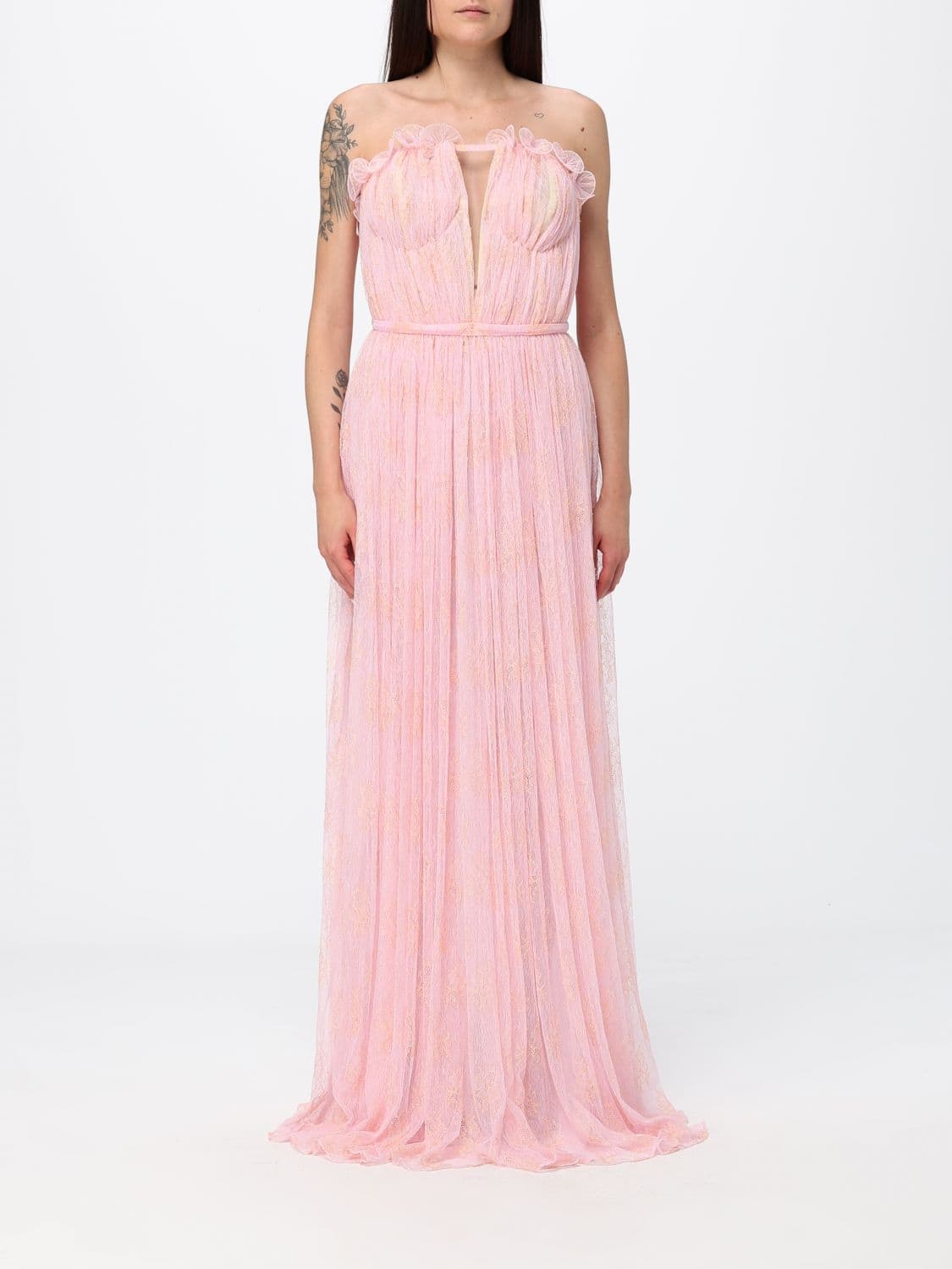 Genny Off-the-Shoulder Pleated Lace Bustier Gown in a Long Silhouette · 40