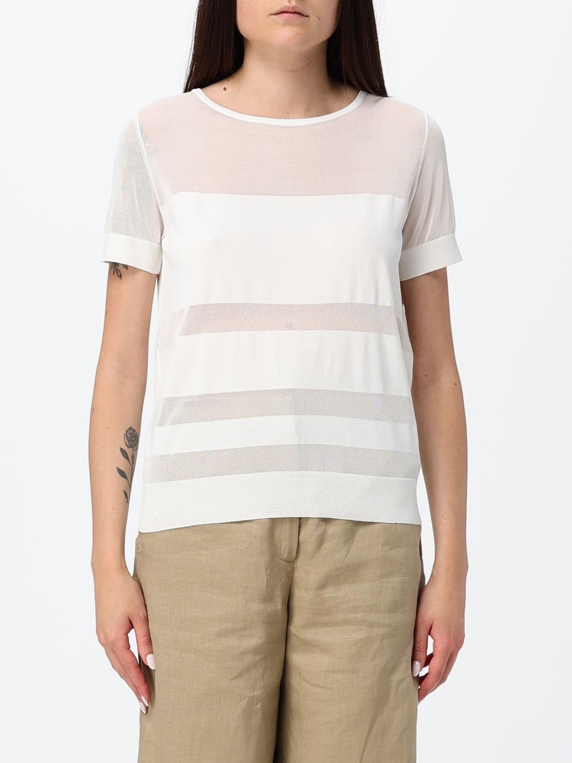 Liviana Conti Short-Sleeved Crewneck Viscose Blend Top with Ribbed Trim · M