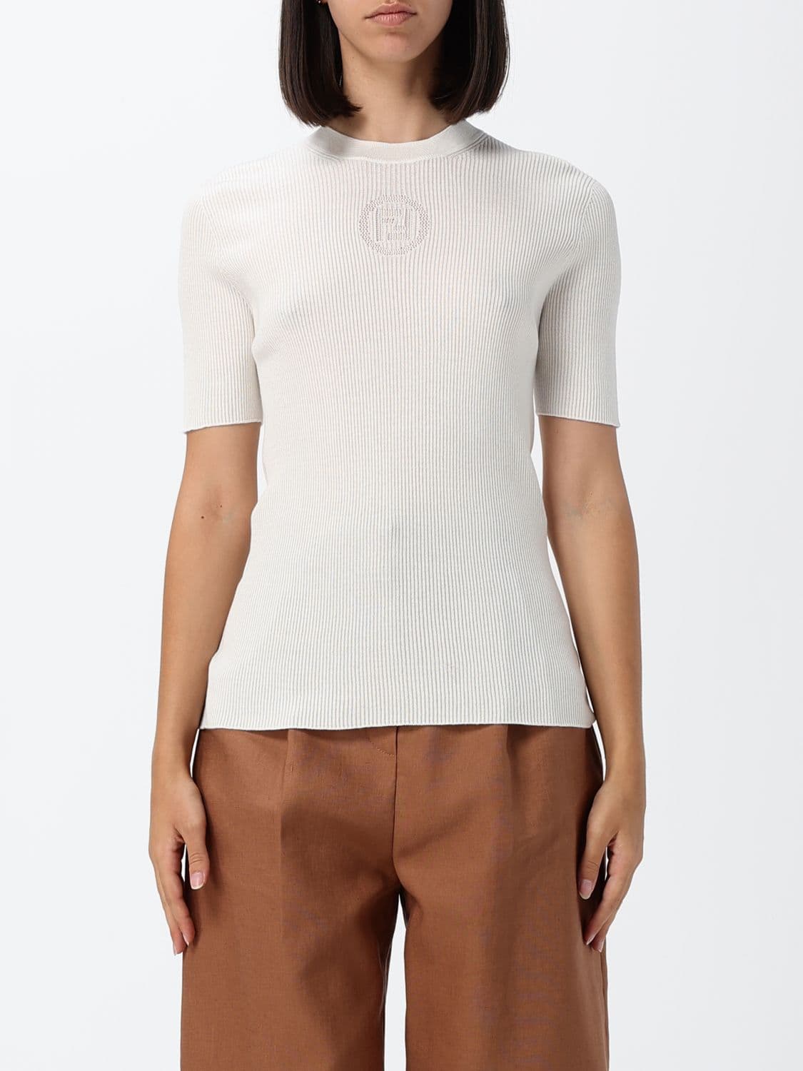 Fendi FF Monogram Ribbed Cotton Short-Sleeve Knit Top
