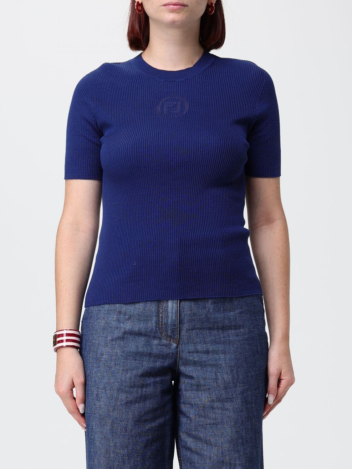 Fendi FF Monogram Ribbed Cotton Short-Sleeve Knit Top