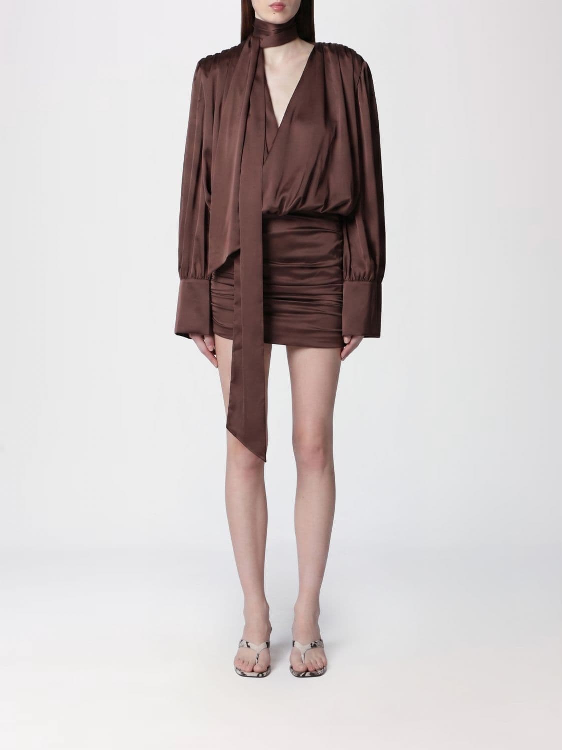 Rotate Recycled Satin Mini Shirtdress with Scarf Neck and Long Sleeves