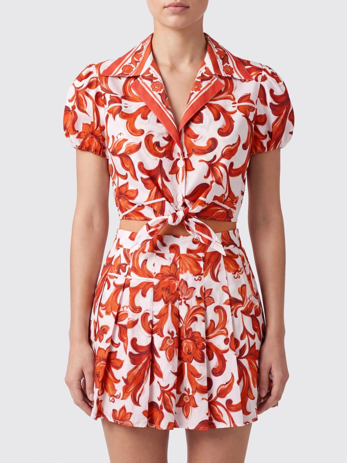 Dolce & Gabbana Majolica Print Cropped Cotton Shirt with Front Tie