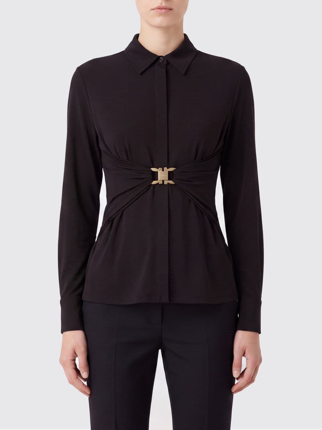 Ferragamo Slim Fit Stretch-Viscose Shirt with Ruched Waist and Gancini Logo