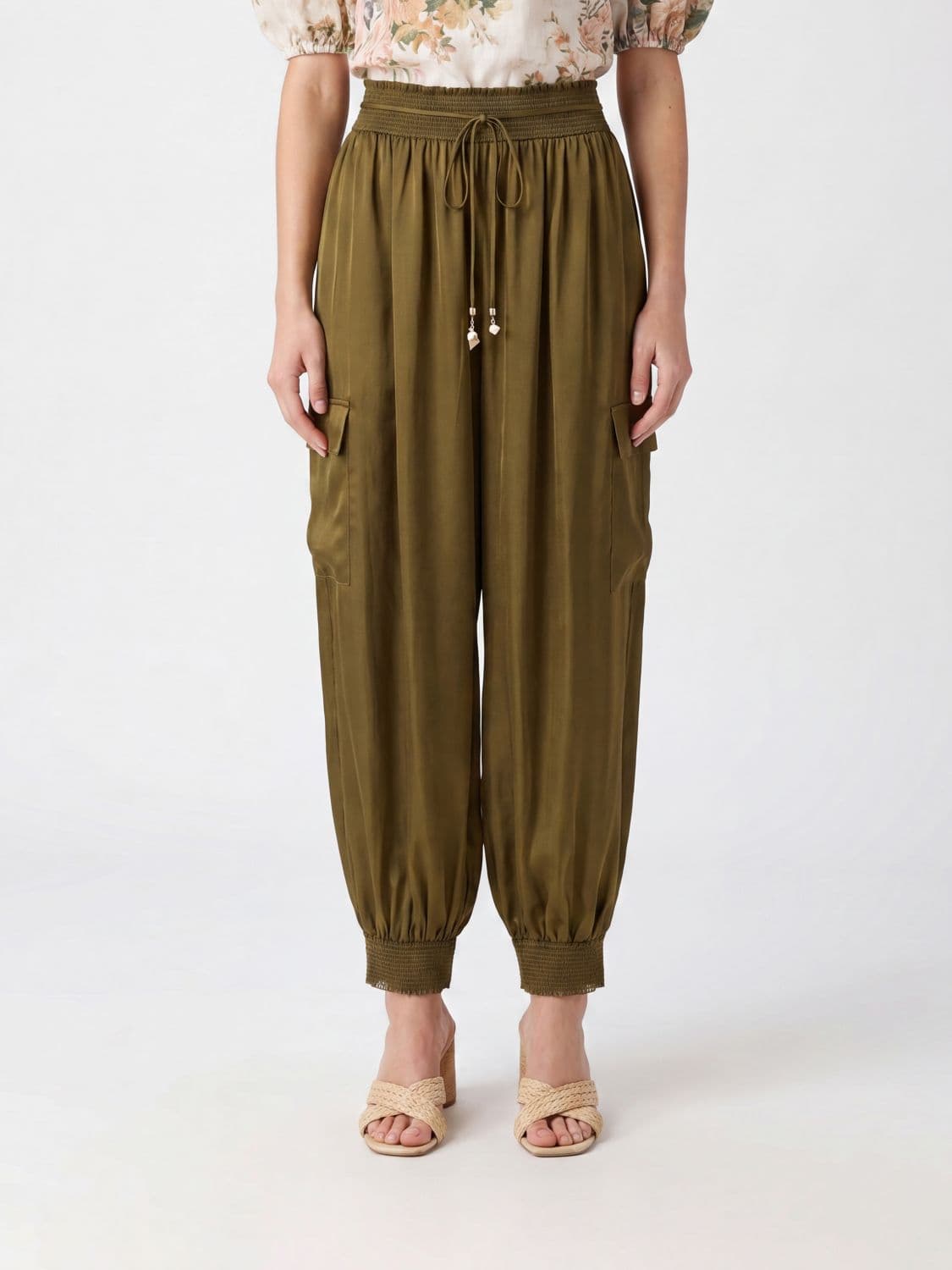 Zimmermann High-Waisted Wide Leg Cargo Trousers in Silk with Drawstring