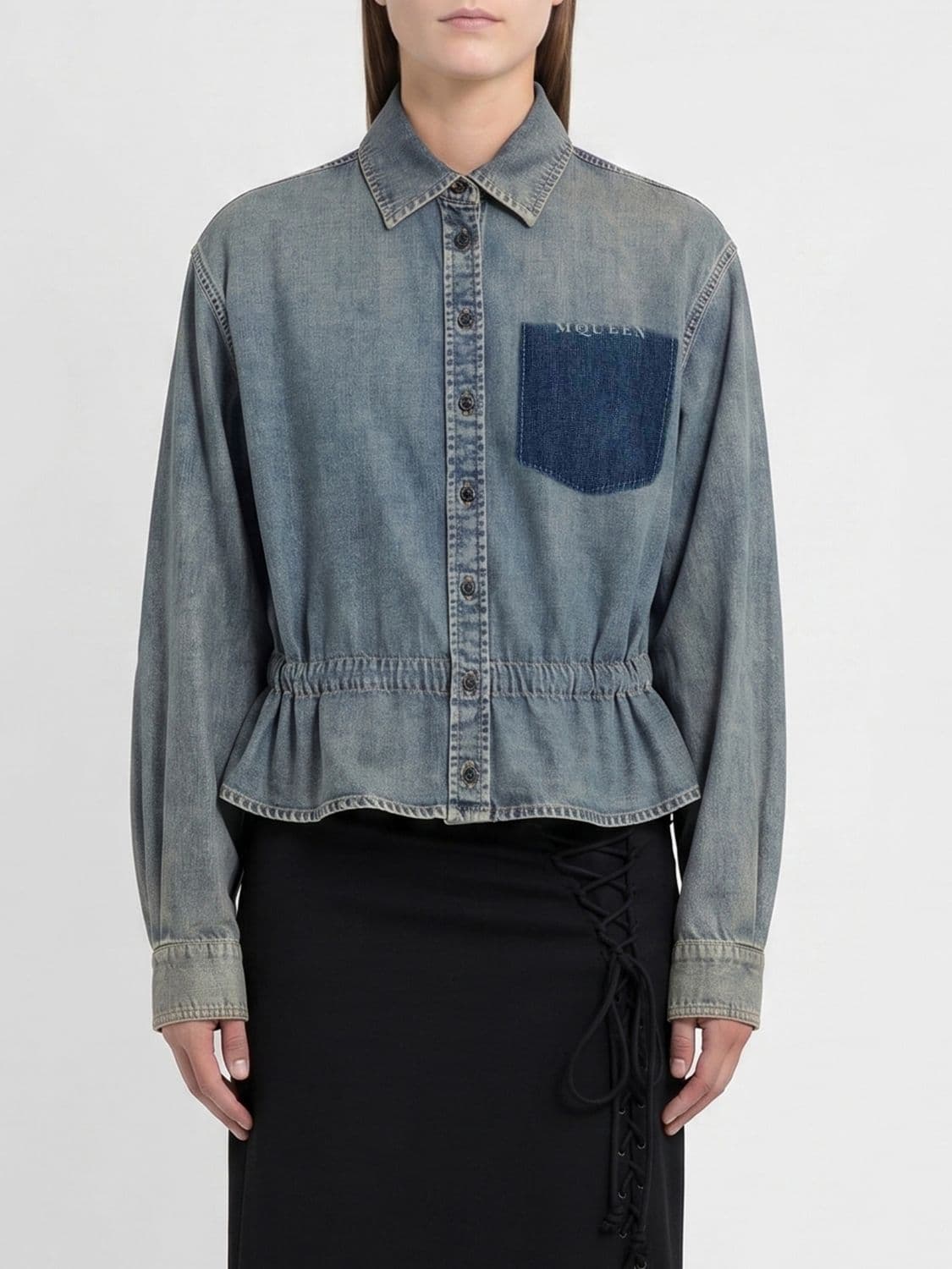 Mcqueen Relaxed Fit Cotton Denim Shirt with Dropped Shoulders