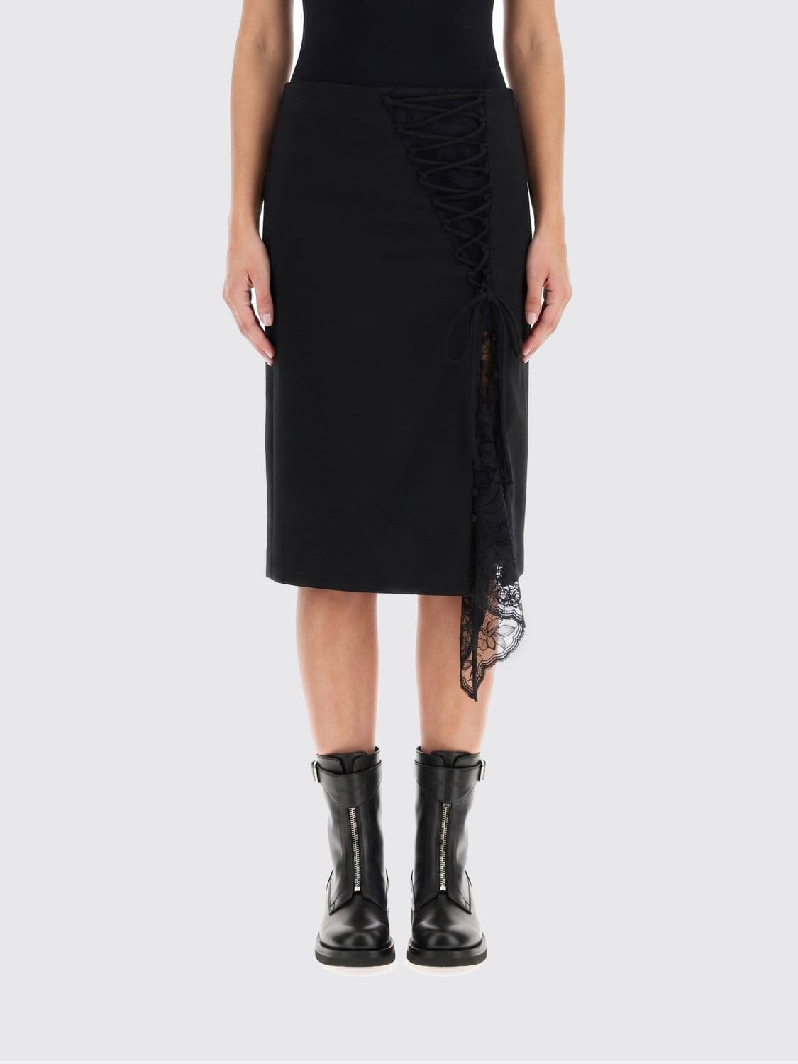 Mcqueen Wool Pencil Midi Skirt with Lace Inserts and Asymmetrical Hem