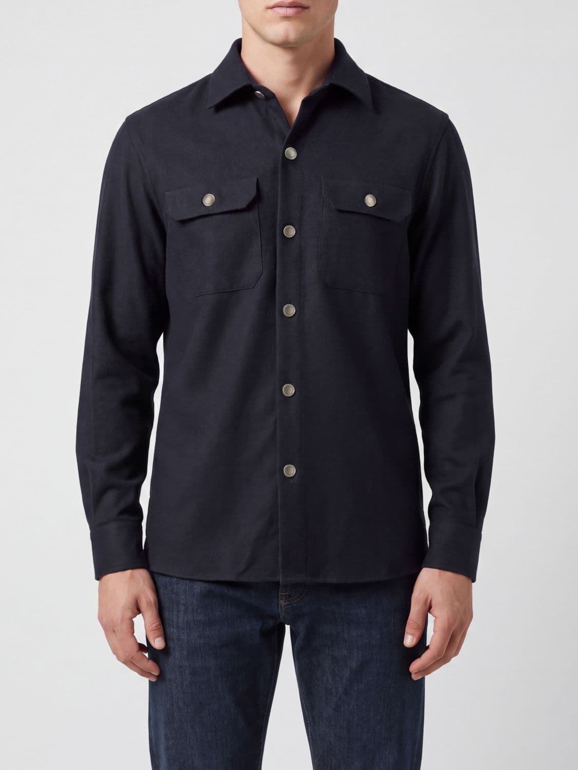 Brunello Cucinelli Wool Shirt Jacket with Patch Pockets and Button Closure