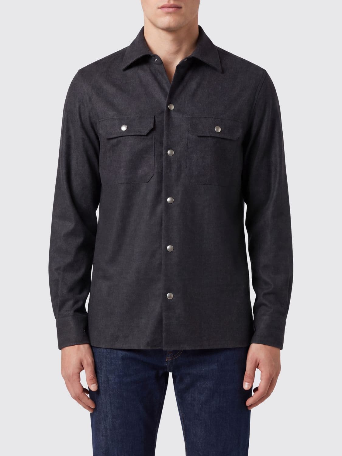 Brunello Cucinelli Wool Shirt Jacket with Patch Pockets and Button Closure